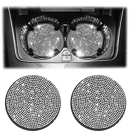 CGEAMDY sous-Verres de Voiture, 2 Pièces Bling Accessoire de Porte-Gobelets d'Insertion Antidérapants, 7cm de Diamètre, sous-Verre de Boisson de Voiture Universels avec Strass en Cristal (Blanc)