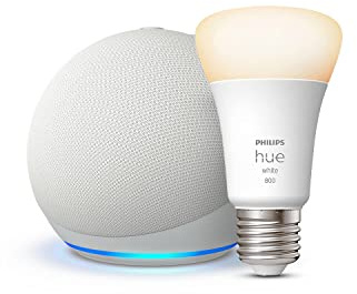 Echo Dot (5e génération) | Blanc + Philips Hue White ampoule connectée (E27), Fonctionne avec Alexa - Kit de démarrage Maison connectée
