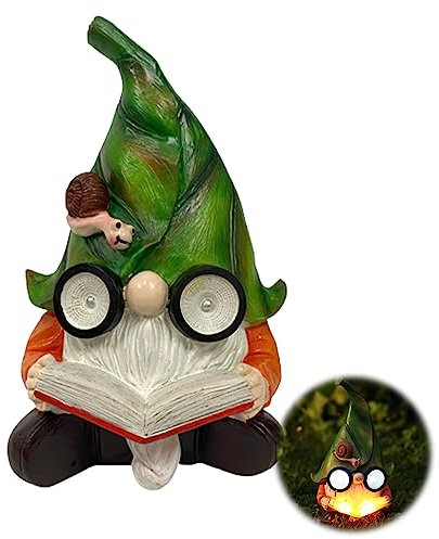 Tuzsocr Statue Nain de Jardin Solaire,Étanche Résine Nain Figurines,Mignonne Lecture naine - avec lumières LED à énergie Solaire,pour Jardin Patio Cour Pelouse Terrasse Décoration Extérieure