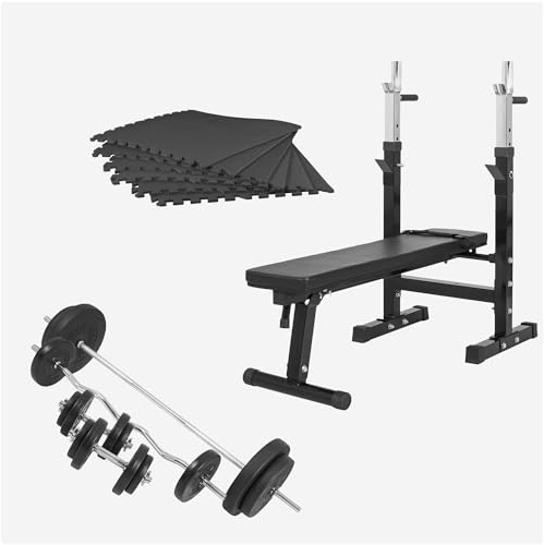 GORILLA SPORTS® Hantelbank mit 100 kg Hantelset, Ablage und Dip-Station | Klappbar und verstellbar bis 200 kg, mit Langhantel, SZ-Stange, Kurzhanteln und 6 Schutzmatten; Flachbank, Drückerbank
