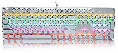 QESTO New Mechanical Keyboard, LED Backlit USB Wire Ergonomic Gaming Keyboard with Retro Round Hat Computer Parts