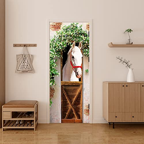 3D Türaufkleber Für Innentüren 77X200Cm Idee Für Eine Holztür Mit Weißem Pferd Selbstklebende Türposter Wandbild Wasserdichte Wandtattoo Pvc Türfolie Tapete Schlafzimmer Badezimmer Küche Home Deko