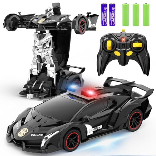 FDJ Remote Control Car - Transform Car Robot, One Button Deformation to Robot with Flashing Light, 2.4Ghz 1:18 Scale Transforming Police Car Kids Toys with 360 Degree Rotating Drifting, Toys