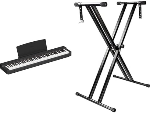 Yamaha P-225 Digital Piano, Schwarz & RockJam Double Braced Adjustable Keyboard Stand with Locking Straps