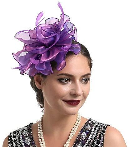 Lazzboy Hut Damen Elegant Fascinator Schwarz Kopfschmuck 20er Jahre Blume Haar Feder Clip Haarklammer Schleier Cocktail Tea Party Kopfbedeckung Stirnband Haarnadel Hochzeit (Lila)