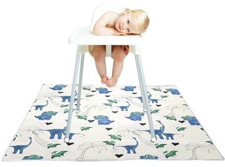 Treer Unterlage für Hochstuhl Baby, Karikatur Stil Hochstuhl Bodenmatte 130x130cm Wasserdicht Spritzmatte für Hochstuhl, Rutschfest Krabbelmatte Bodenschutzmatte (Karikatur Dinosaurier)