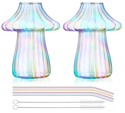 NiHome Lot de 2 tasses à cocktail en forme de champignon à rayures avec pailles assorties, grande capacité de 473,6 g, pour boissons, utilisation polyvalente comme décoration élégante ou vases, verre