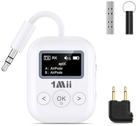 1Mii SafeFly Min+ - Transmisor de audio Bluetooth para recepción, versión mejorada 2024, compatible con transmisor y receptor AptX de baja latencia y HD sin pérdidas, equipado con adaptadores hembra
