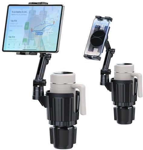 Support pour Tablette avec Porte-gobelet, Support pour Voiture avec Porte-gobelet pour iPad et Bras réglable pour Tablette iPhone 3-13 Pouces, iPad Pro Air Mini, Fire, iPhone 15, Galaxy S24 Z Fold 5