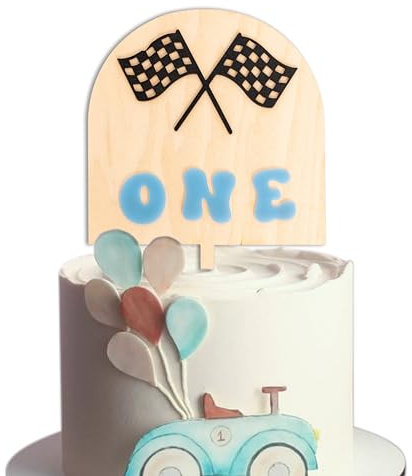 CIEQR Race Car One Cake Topper - Racing Theme Wooden Cake Topper, First Birthday Cake Decoration for 1st Birthday Party, Anniversary, Smash Cake, Baby Photo Booth Props...