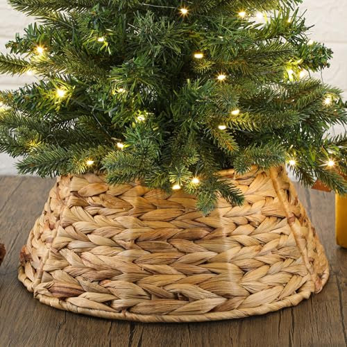 Hollowfly 4 ft Mini Christmas Tree Collar Woven Hyacinth Tree Skirt Rustic Farmhouse Xmas Trees Stand Base Cover Boho Christmas Trees Ring for Xmas Decorations