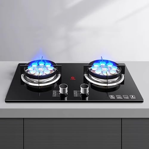 THEGA Fornello A Gas Doppio 5.2KW - Fornello A Gas in Vetro Temperato, Cucine A Gas da Tavolo E da Incasso, Dimensioni della Fiamma Regolabili Cucine A Gas, Stufa A Gas con Protezione Antifiamma(NG)