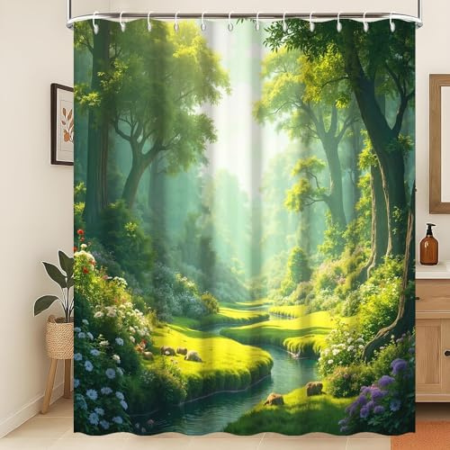 Xiaoterna Blühende Pflanze Duschvorhang Grüner Frühling Natur Wald Badvorhang Grün Hohe Bäume Blühende Blumen Fluss Strom Natur Duschvorhang Wasserdichtes Gewebe Badezimmer Dekoration 200x180cm