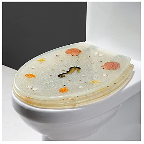 Toilettensitzbezug mit Delfin, Seestern, echten Muscheln und Sanden, 3D-Effekte, Ozean-Serie, Kunst, langsam schließend, Kunstharz-Toilettendeckel für U/V/O-Typ WC