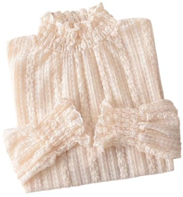 YEKEYI Blusa de encaje para mujer, manga larga, cuello alto falso, transparente, floral, encaje, beige, L