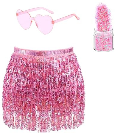Paljettkjol damer magdans höftduk glitter kjol glitter och glasögon karneval tofskjol för kvinnor, rosa, one size