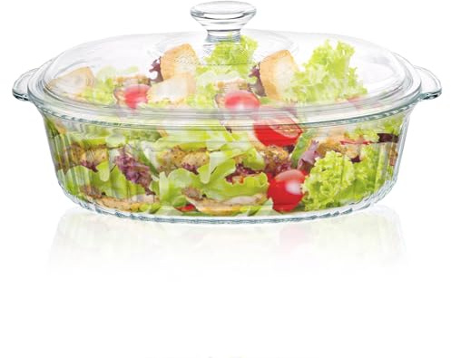 Oungy Cacerola de cristal con tapa, 3 L, ovalada, con tapa y asas, 2800 ml, cazuela de cristal con tapa, para 2 personas, apta para microondas y horno