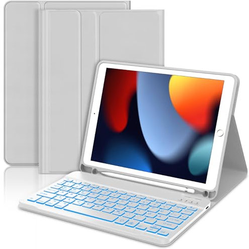JADEMALL Für iPad 6. Generation Hülle mit Tastatur, Abnehmbare Bluetooth Tastatur mit 7-Farben Backlight für iPad 5./6. Gen, Pro 9.7, Air 1 & 2, QWERTZ Deutsch – Hellgrau