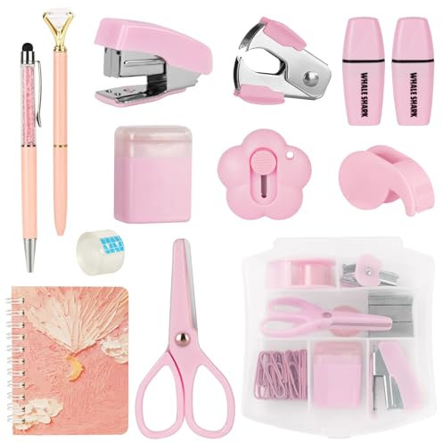OFFCUP Büroartikel Set, Schreibtisch Set, Schreibtischzubehör mit Entklammerer, Heftklammern, Heftklammerentferner, Tesafilm Abroller Schere Anspitzer 2Textmarker Spiralblock 2Kugelschreiber -Rosa