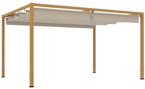 Outsunny Pergola Aluminium pergola Jardin extérieur 4 x 3 m avec Toit rétractable, système de Drainage, tonnelle de Jardin abri Soleil pour terrasse Patio véranda, Bois Naturel