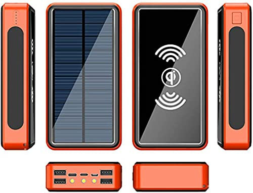Chargeur Solaire Portable Power Bank 10 W Chargeur Solaire sans Fil Charge Rapide Batterie Externe Portable 4 Sorties (USB) Lampe de Poche LED Étanche, Orange, 80000 mAh