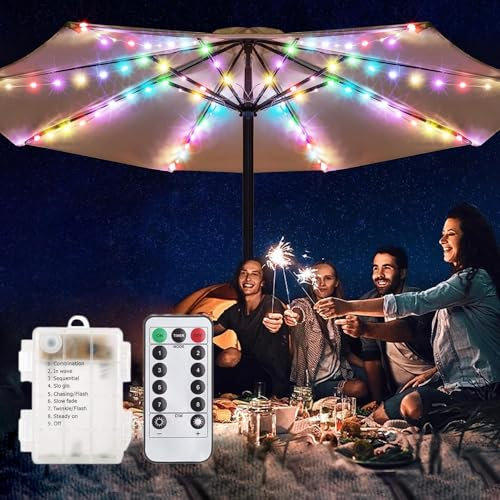 SUAVER 104LEDs Sonnenschirm Beleuchtung mit Fernbedienung,batteriebetrieben Sonnenschirm Lichterkette 8 Modi Deko Licht,Wasserdichte Umbrella Light Baldachin dekorative Strip Lichter (Mehrfarbig)