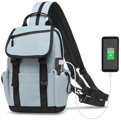 SUIKIHUM Small Backpack for Women Men, Convertible Crossbody Bags with USB Charge Port, Lightweight Casual Sling Shoulder for Outdoor Travel (Blue Gray)
