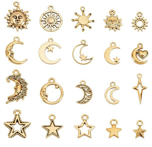 UNICRAFTALE 80 Stück 20 Stile Sonne Mond Stern Serie Anhänger Ohrring Charms Anhänger Tibetischen Stil Antik Golden Kleine Anhängers Für Armband Halskette Schmuckherstellung