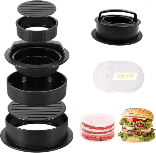 Top Sale 3-in-1 Burger Press Patty Maker – Non-Stick Hamburger Mold for Large, Small & Half Pound Burgers – Includes 100 Wax Papers – Easy Homemade Gourmet Burger Mold Set (10CM, 3-in-1)