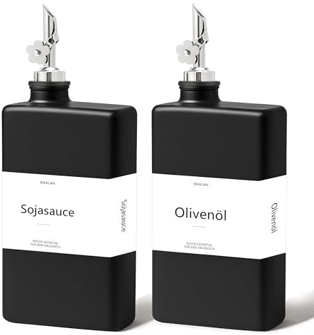 Ölflasche mit Ausgießer, Olivenöl Flasche Set, Kaffee Sirup Spender Glas Set, 500ML Ölspender Glas, Oil Dispenser Sirup Pumpspender für Küche mit 40 Aufkleber, Trichter (Schwarz*2, 350 Milliliter)