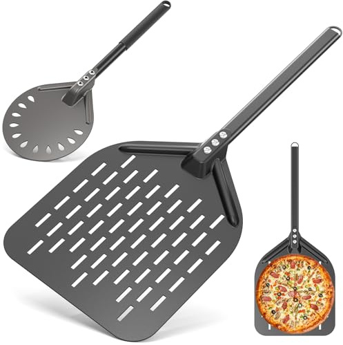 Yigowyigo 2er Pizzaschieber set, 30cm Pizzaschieber Perforiert & 15,2cm Pizza Wender, Harteloxiertes Aluminium Pizzaschaufel, Abnehmbarem Griff, Zum hausgemachte Wenden und Transportieren von Pizza