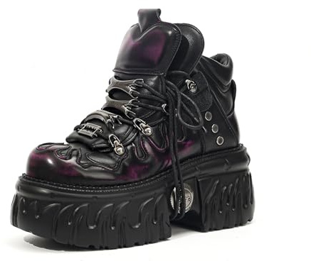 Songella Botas Góticas con Plataforma para Mujer, Botines Punk Rock con Cordones, Diseño de Llamas con Decoración de Metal Suela Chunky Negro Rosa, 39.5 EU