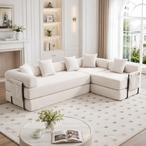 KOMHTOM Canapé 4 Places en Velours Côtelé avec 5 Coussins Confortables, DIY Libre et Structure Métal - Canapé Convertible Multifonctionnel Moderne (Beige-C)