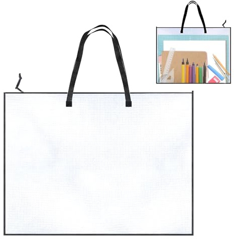 Art Portfolio Bag, 25 x 19 Inch A2 Art Folder Clear Arts Portfolio Case with Handle and Zipper, Waterproof Mesh Storage Bags for Posters, Bulletin Boards, Paintings, Files and Arts Supplies