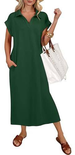 ANRABESS Womens Summer Casual Midi Dresses Short Sleeve Polo V Neck Loose Split Wrinkle-Free Beach Vacation Tshirt Maxi Dress Forest Green Large