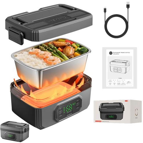 Elektrische Lunchbox für Erwachsene, Wiederaufladbare Beheizbare Lunchbox | Speisenwärmer 24000mAh Akku Herausnehmbarer 1.6L Edelstahl Innenbehälter Auslaufsichere für Büro/Reisen/Picknick/Camping