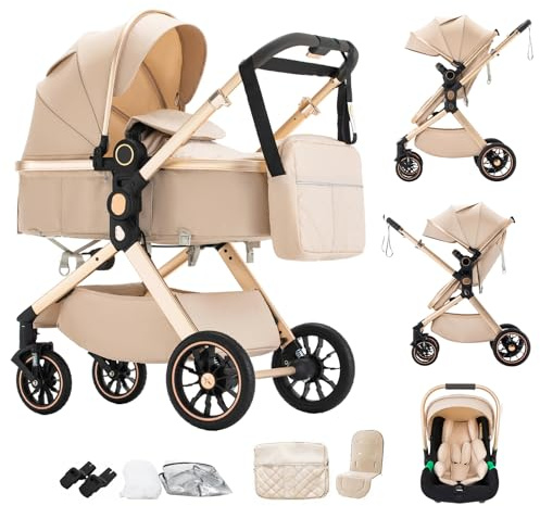 Shineey Kinderwagen 3 in 1, Alltags Buggy Faltbarer Kinderwagen Set, Kombikinderwagen 3 in 1 mit Großer Bequemer Babywanne, Laufwagen Rahmen Aluminiumlegierun (U9-X//BEIGE, U9-X)