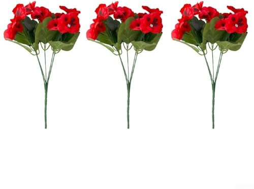 3 Stück UV-beständige künstliche Stiefmütterchen-Blumenstiele für den Innen- und Außenbereich, Seiden- und Kunststoffblüten für Garten, Veranda, Terrassendekoration (rot)