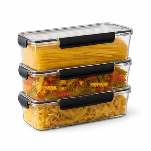 Punorric 3 Pack Pasta Storage Containers - Stackable Spaghetti Storage Jars, Airtight Kitchen Storage Containers with Silicone Lids, Transparent Pasta Jars for Dry Foods/Grains/Noodles