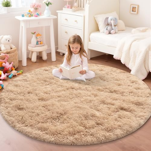 JOYARR Rundteppich für Kinderzimmer Schlafzimmer Wohnzimmer Spielzimmer, Flauschig Waschbar rutschfest Moderner Teppich, Beige, 140 cm