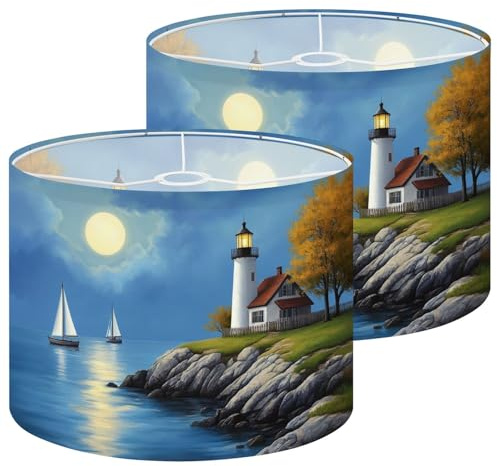 Lamp Shades Set of 2 Coastal Blue Ocean Lighthouse Sailboat Tree Landscape Nature Drum Lamp Shades for Table Lamps Floor Lamps Pendant Light 10x13 Replacement Lampshades Easy Assembly