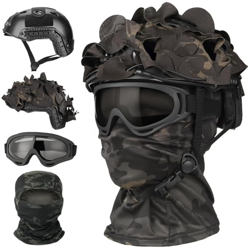 LZAQHMT Ensemble Casque Tactique Rapide Airsoft - Lunettes Ajustables avec Sangle Élastique Housse Casque Forme Feuille Et Cagoule Tactique | Équipement Chasse Airsoft