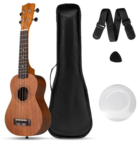 COSTWAY Ukulélé Soprano en Acajou 21 Pouces avec 4 Cordes en Nylon | Sangle & Médiator, Sac de Transport, Instrument de Musique Éducatif pour Débutants Garçons Filles