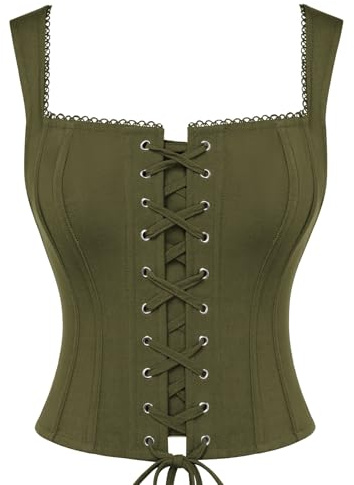 Scarlet Darkness Y2K Corset Top Boned Renaissance Pirate Goth Bustier Tops | Square Neck Corset Top, Adjustable Wide Straps, Front Lace-Up, Side Zip, 14 Bones, Slim Fit. For Ren Faire & Daily Casual