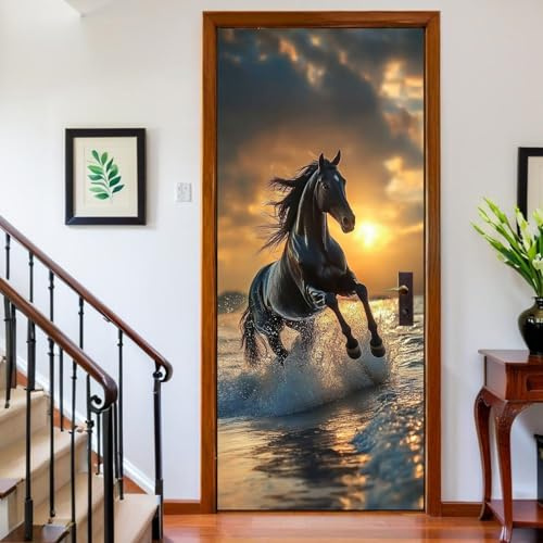 3D Türtapete Türfolie 90 x 200 cm Strandtiere Pferd Selbstklebend Türposter PVC Türaufkleber orange Farbe Fototapete