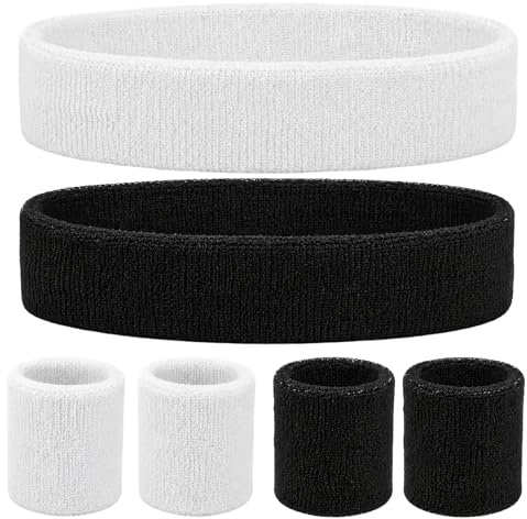 Sweat Bands Wristbands, 6 Pieces Wrist Bands Set, Black & White Sport Set, Cotton Headbands & Elastic Wristbands for Gym, Running and Yoga