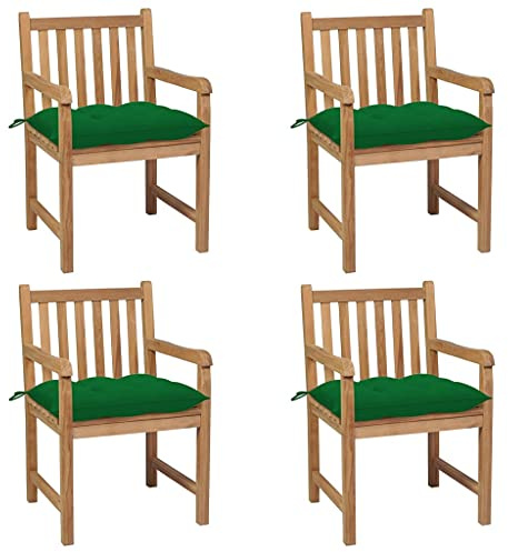 YuuSsea trädgårdsstolar 4 st. Tillverkad av massivt teak med gröna kuddar, väderbeständig och bekväm, perfekt för balkong, terrass, utomhus och camping med armstöd och ryggstöd