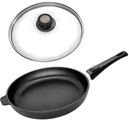 Eurolux Guss-Pfanne Set mit Glas-Deckel Ø 26 cm - flacher 5 cm Rand - Alugusspfanne mit abnehmbaren Stiel & Antihaft-Beschichtung - ohne Induktion - Made in Germany
