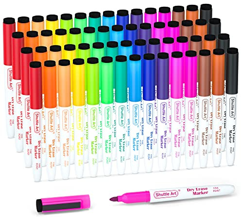 Shuttle Art Feutre Tableau Blanc Effacable 60 Pièces, 15 Couleurs Feutre Effaçable pour Tableau Blanc à Pointe Fine et Magnétique Gomme, Feutre Tableau pour École et Bureau