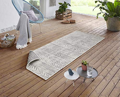 NORTHRUGS In- und Outdoor Teppich Biri 80x350cm - Wendeteppich Wetterfest Boho Style Vintage Design Läufer für Balkon Terrasse Garten Wintergarten Wohnzimmerteppich Wasserfest in Grau Creme